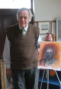 Jim Houston at his studio near Westport, Co. Mayo, Ireland with a self portrait work in progress. January 2006